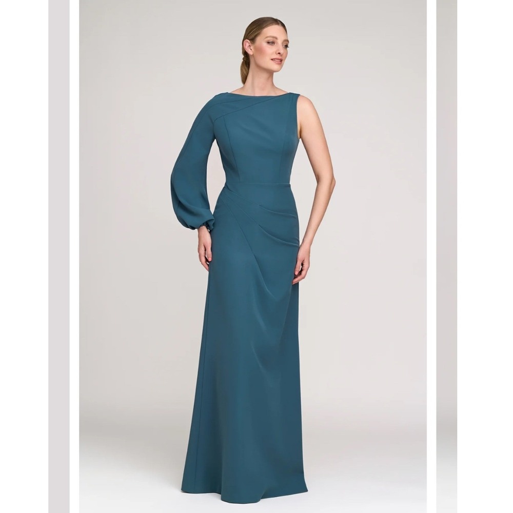 Kay Unger Iliana Gown Teal One Shoulder Bishop Sleeve Stretch Crepe Dress Size 6